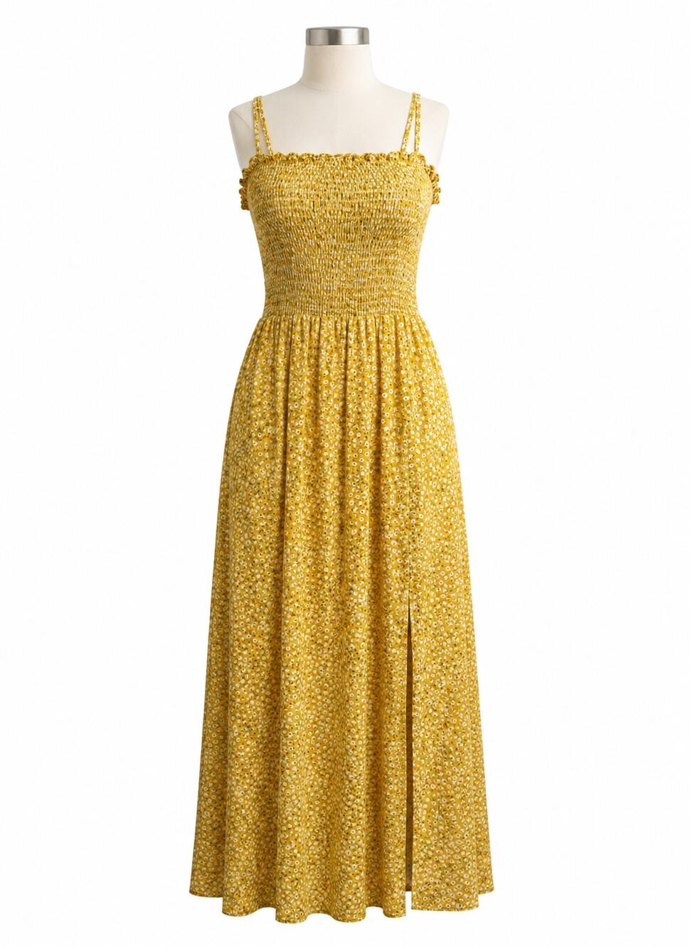 Resa Yellow Floral Smocked Side Slit Maxi Dress - Size S - Boho Cottagecore